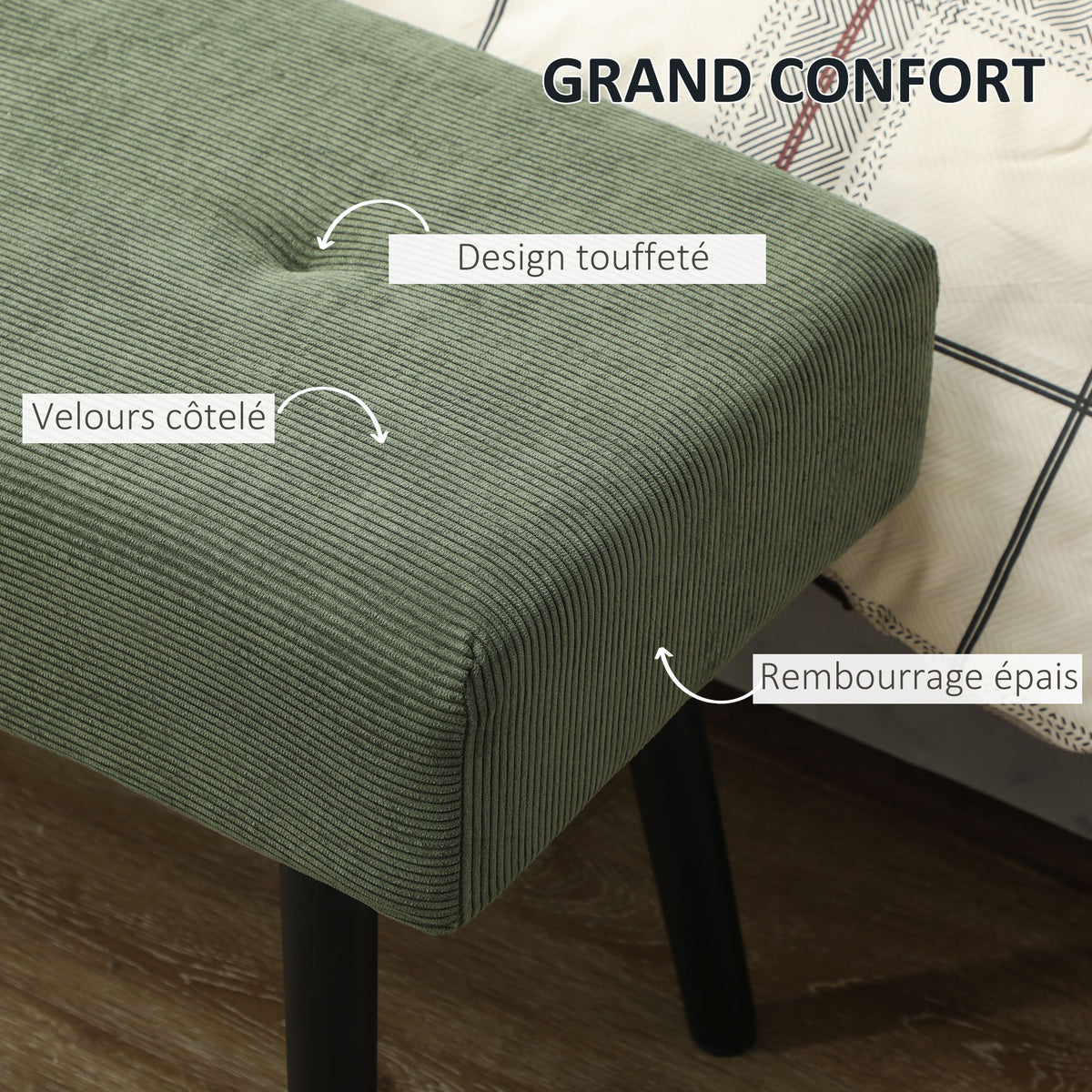 Banc banquette bout de lit rembourré en velours côtelé et pieds en acier noir charge 220 Kg 100 x 36 x 45 cm vert-3