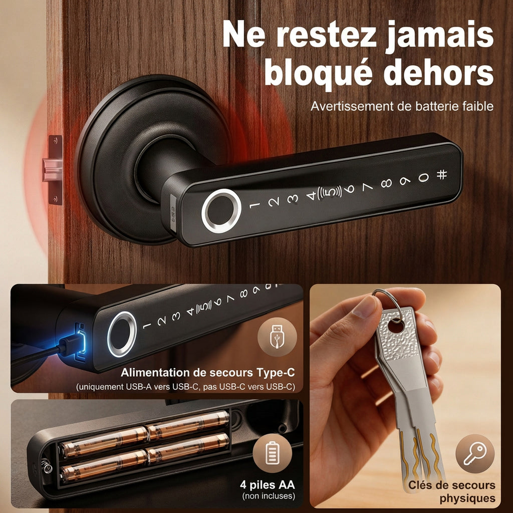 Serrure de Porte Intelligente, 5 Accès par Empreinte, Code, Carte NFC, Application Tuya/Smart Life et Clé, Noir-6