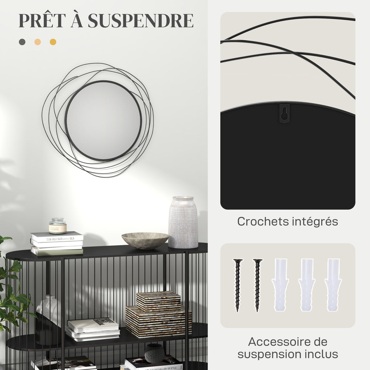 Miroir rond en métal filaire noir, décoration style moderne, diamètre Φ65 cm-4