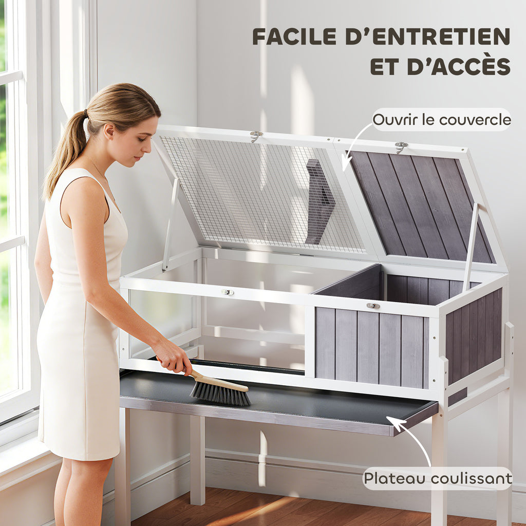Maison pour tortues enclos tortue en bois 2 espaces support de lampe toit ouvrable plateau coulissant 104x53x82cm gris-4