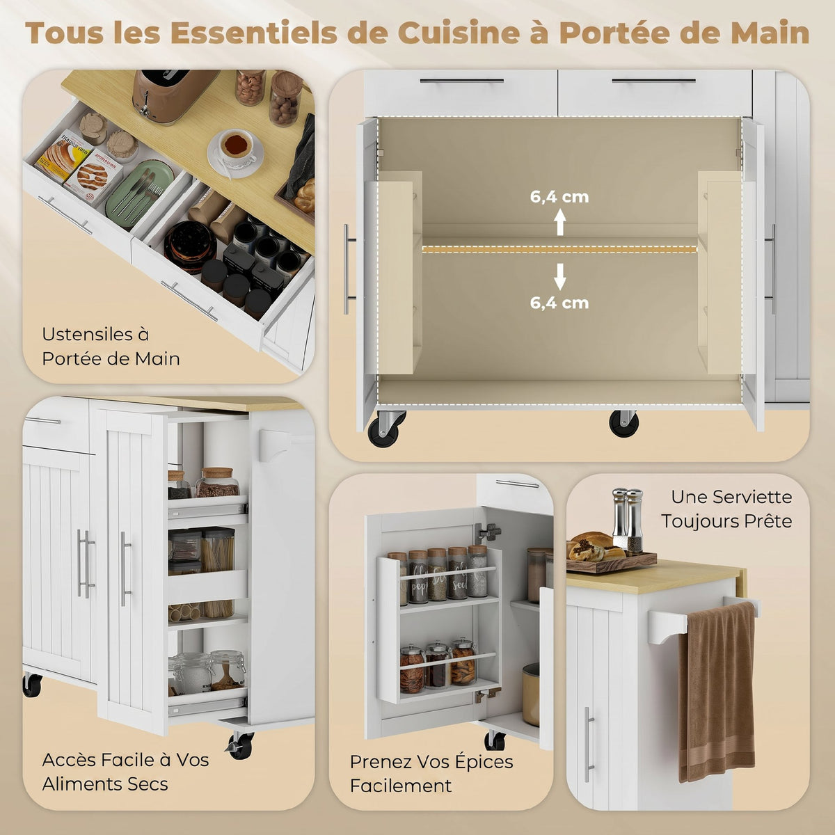 Îlot Central Cuisine avec Plateau Rabattable, Roulettes, 2 Tiroirs, Portes à Fermeture Douce, Porte-Serviettes, Blanc-3