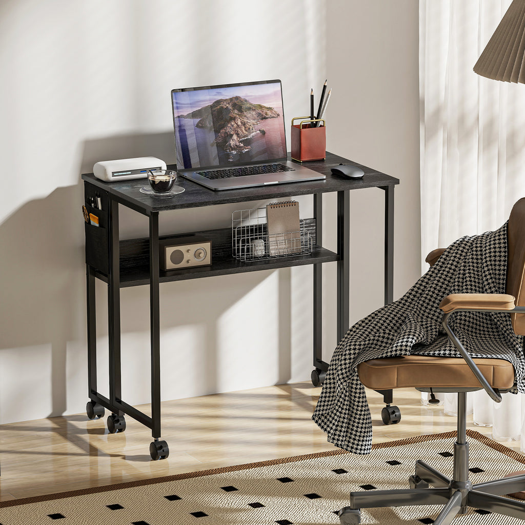 Bureau pliable sur roulettes 80 x 50 cm avec étagère et sac de rangement, noir-6