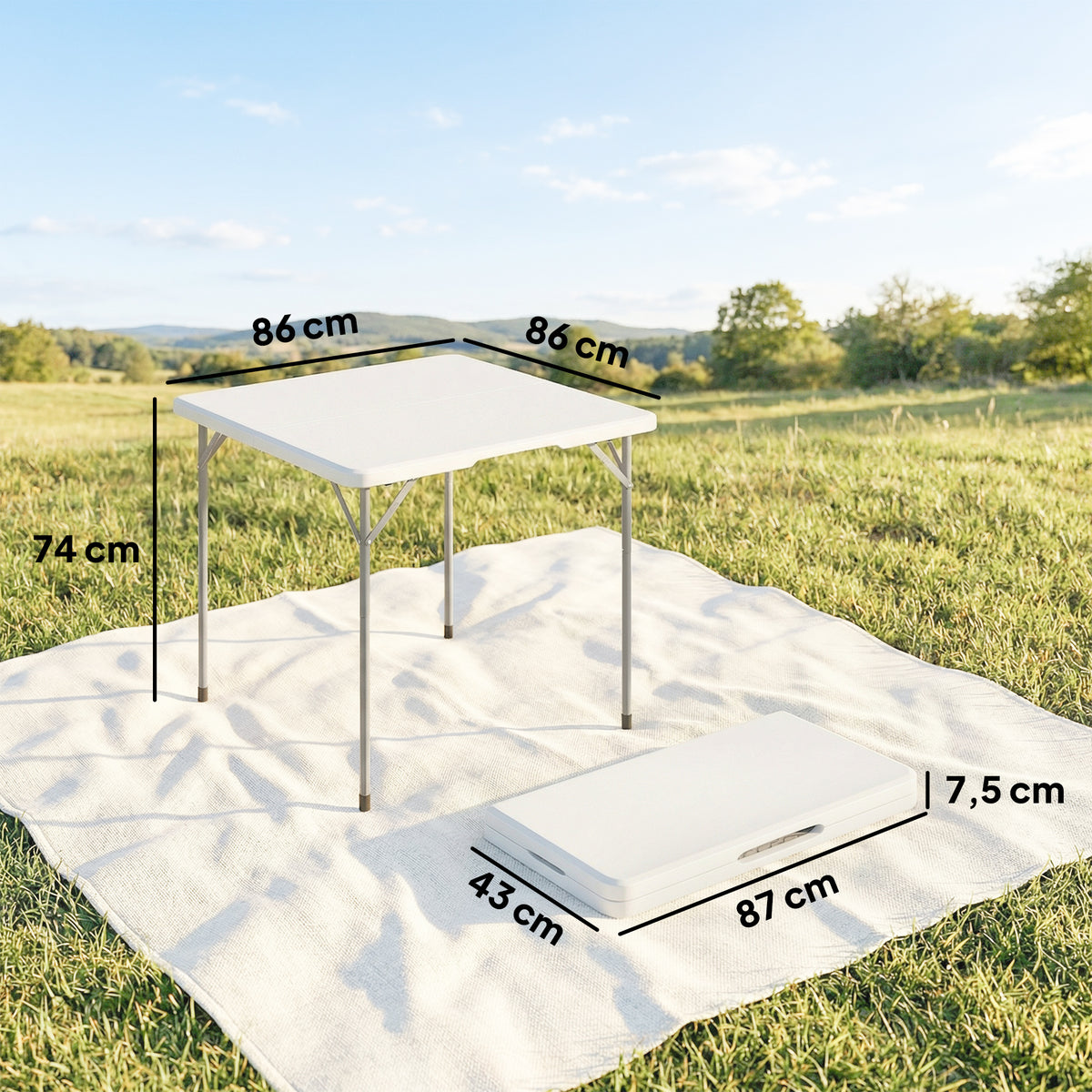 Table pliante en HDPE, table de camping pliante carrée 86 x 86 x 74 cm, avec une poignée, hauteur réglable, blanc-2