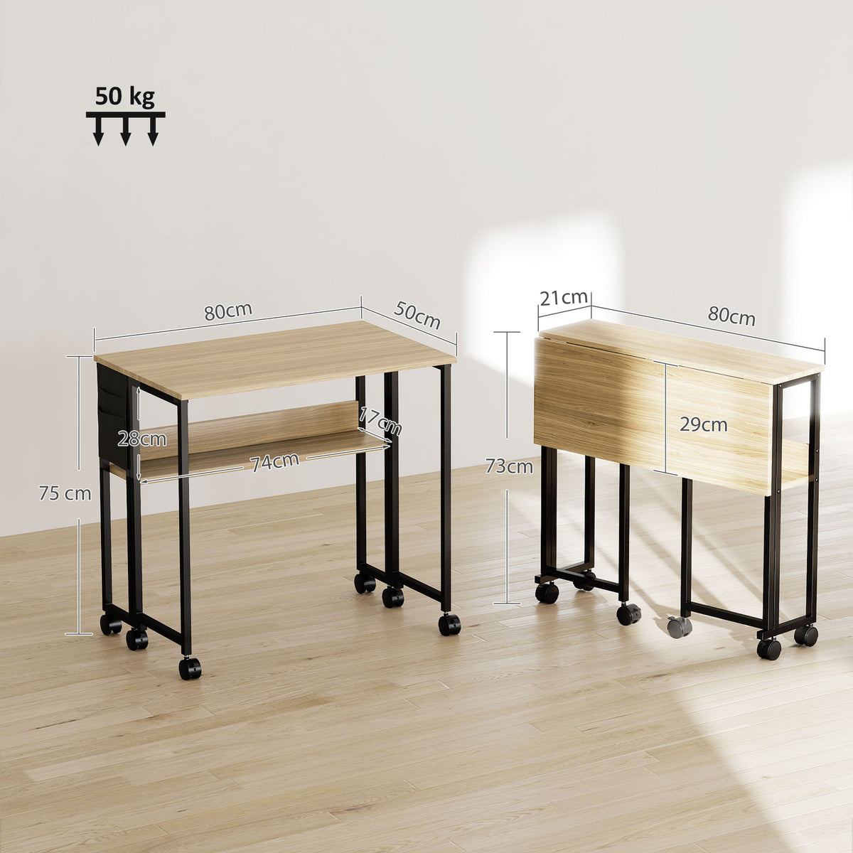 Bureau pliable sur roulettes 80 x 50 cm avec étagère et sac de rangement, chêne-2