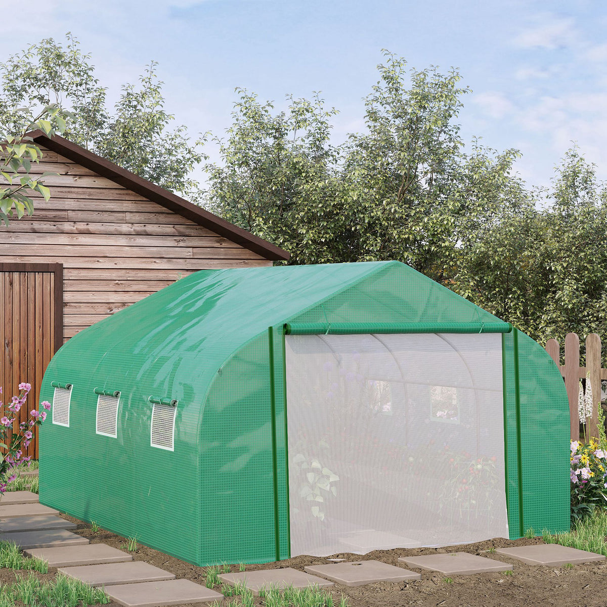 Serre Tunnel de Jardin Grande 3.5 x 3 x 2 m - 6 fenêtres et Porte zippée Enroulable - Acier galvanisé PE Haute densité Vert-1
