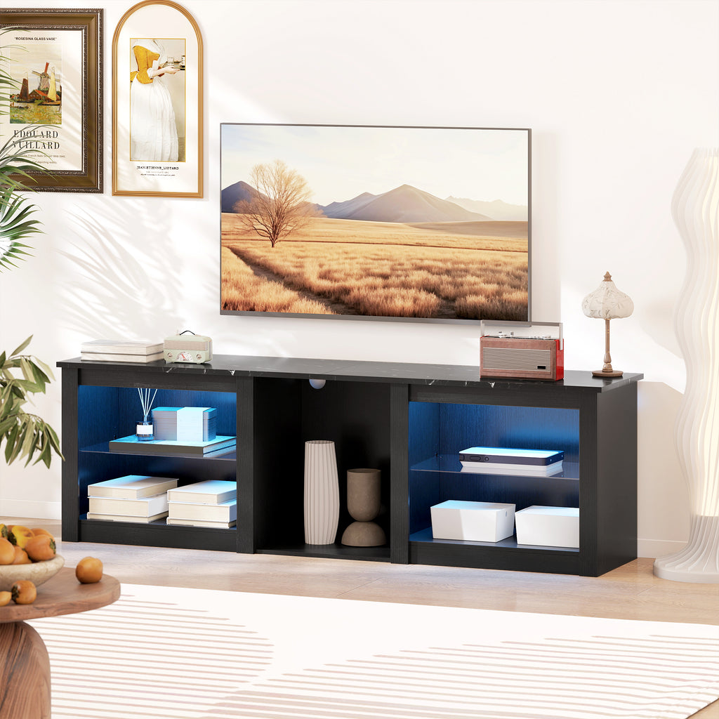 Meuble TV avec éclairage LED pour télévision jusqu'à 70 pouces, 160cm avec étagères en verre réglables, noir-7