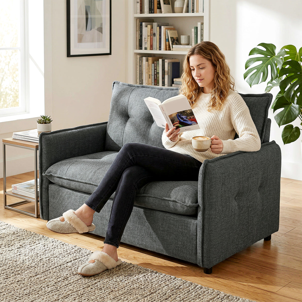 Canapé 2 places, canapé de salon moderne 131 cm avec assise rembourrée, coussins à ressorts, tissu en lin, gris foncé-9