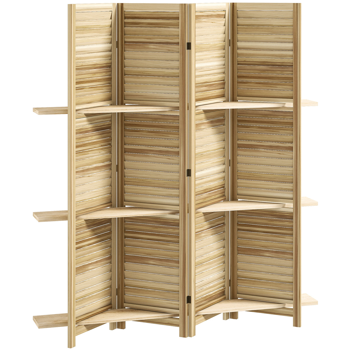 Paravent intérieur en bois 4 panneaux 160 x 170 cm, séparateur de pièce pliable avec 3 étagères, bois naturel-0