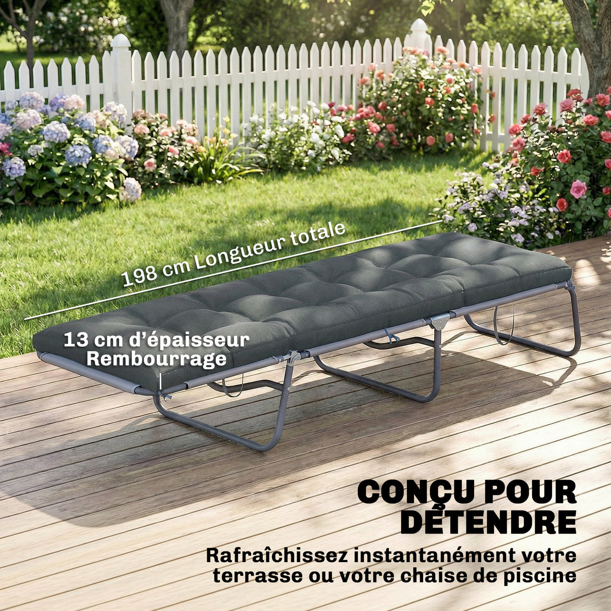Coussin Bain de Soleil Chaise Longue en Mousse à Mémoire avec Sangles, Protection UV50+, 198x65x13cm, Gris foncé-3