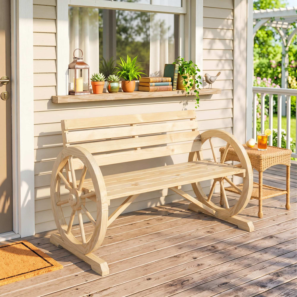 Banc de Jardin banc 3 places en bois Style Rustique Chic accoudoirs Roues Charette Bois Sapin effet bois naturel-1