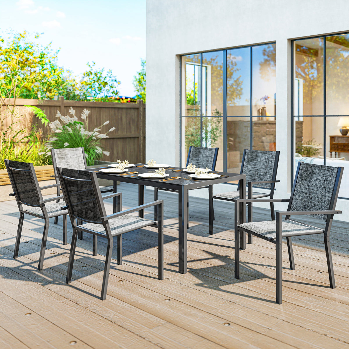 Table de jardin extérieure avec 6 chaises empilables, plateau à lattes 150 cm, structure en acier anti-rouille, noir-1