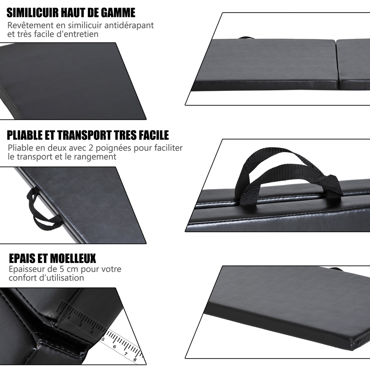 Tapis de gymnastique yoga pilates fitness pliable portable grand confort 180L x 60l x 5H cm revêtement synthétique noir-5