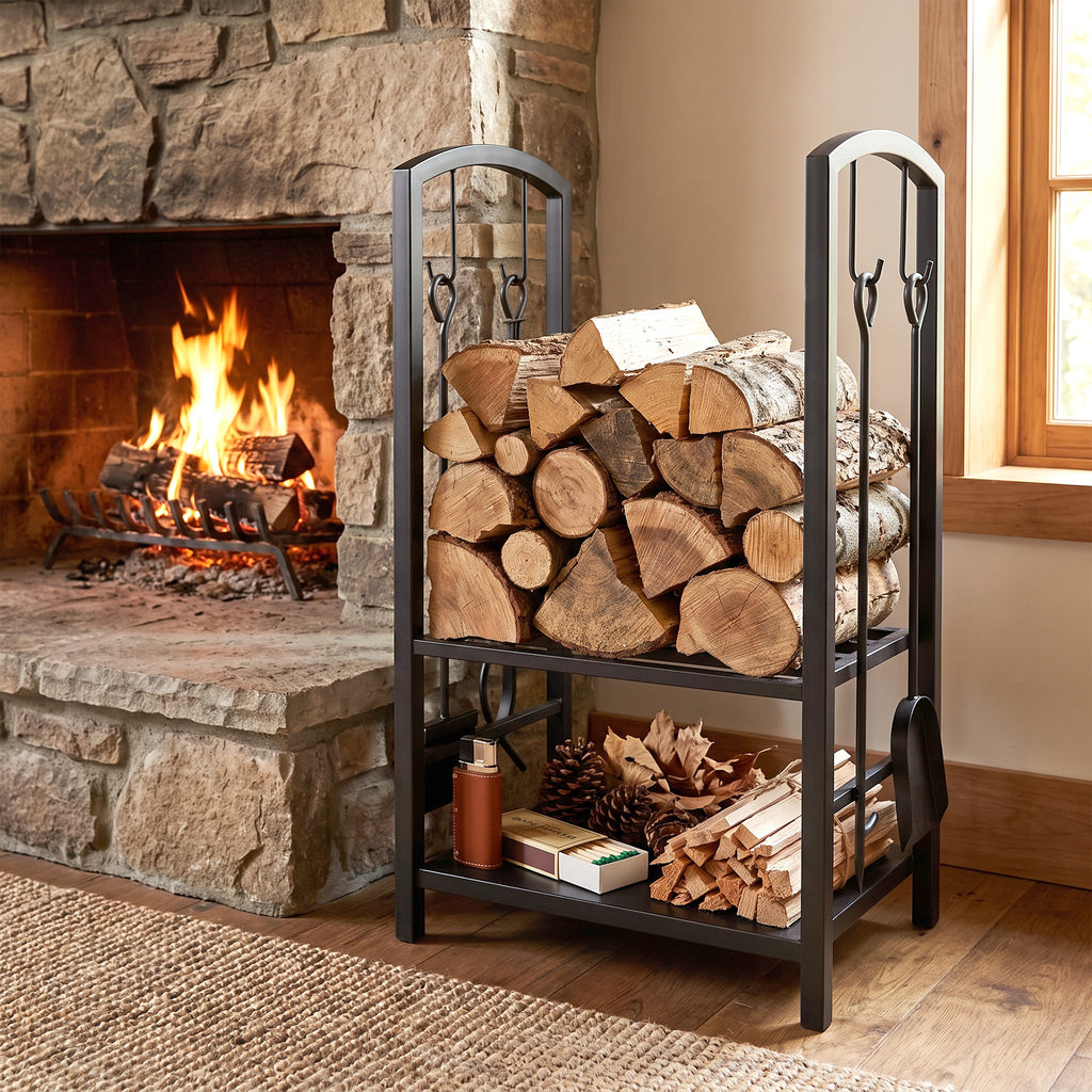 Porte bûches - Range bûches Serviteur de cheminée - Multi Accessoires 2 étagères 40L x 30l x 75H cm métal Noir-1