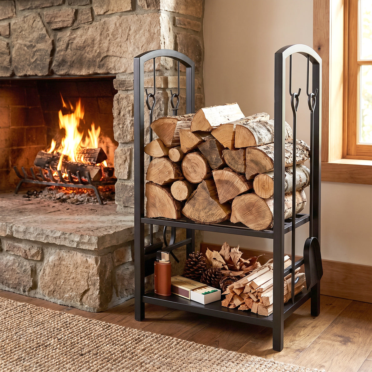 Porte bûches - Range bûches Serviteur de cheminée - Multi Accessoires 2 étagères 40L x 30l x 75H cm métal Noir-1