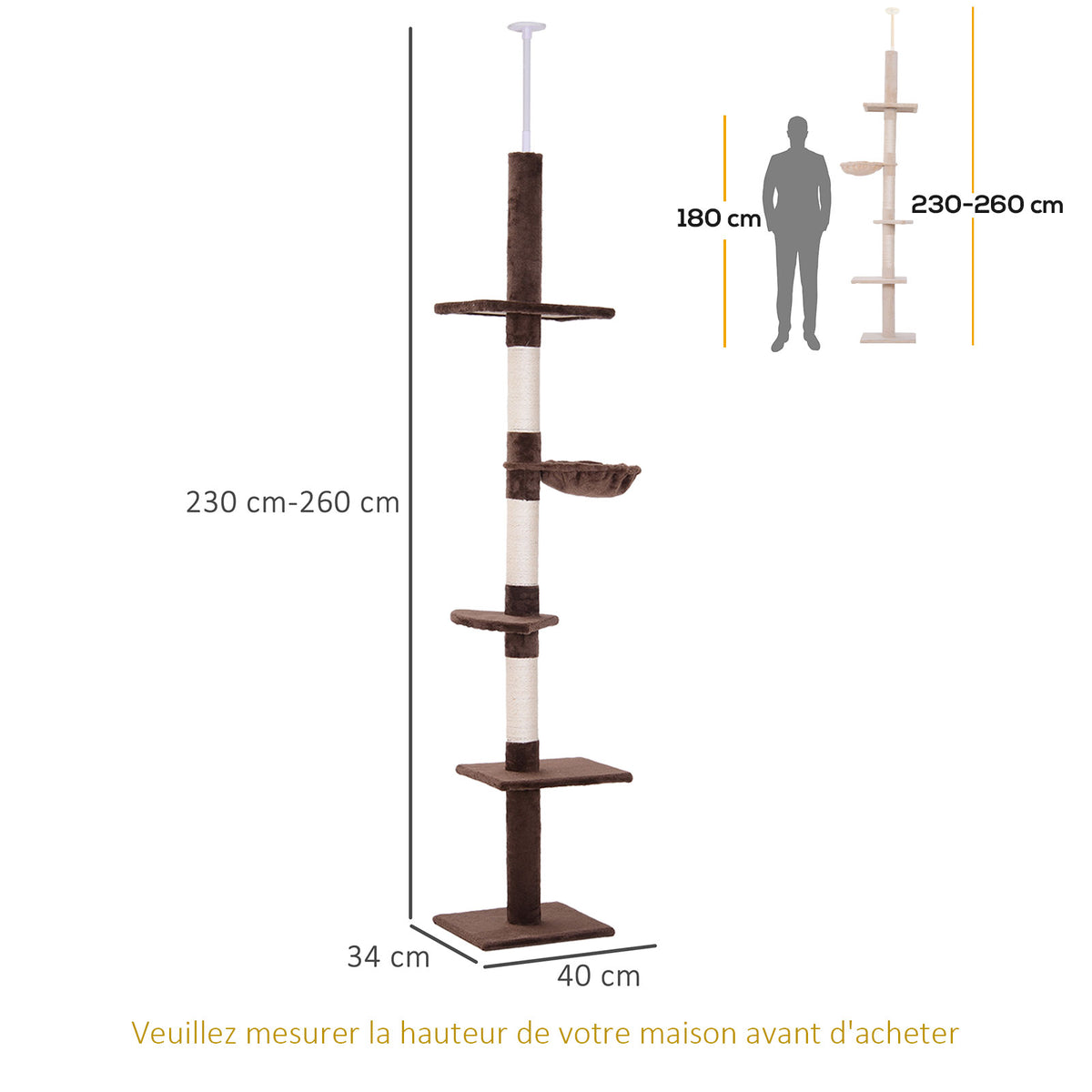 Arbre chat du sol au plafond poteau à griffer L40 x l 34 x H 230-260 cm 5 niveaux d'activités marron-2