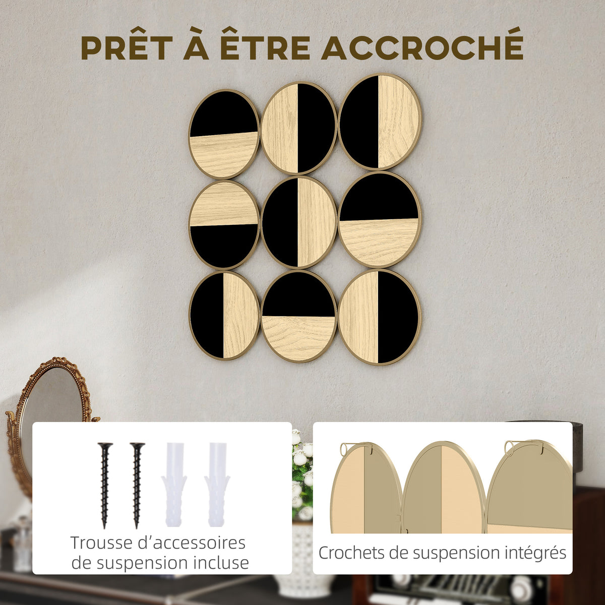 Décoration murale en métal, sculpture murale en métal, design unique à plusieurs disques, 60 x 60 cm, naturel et noir-4