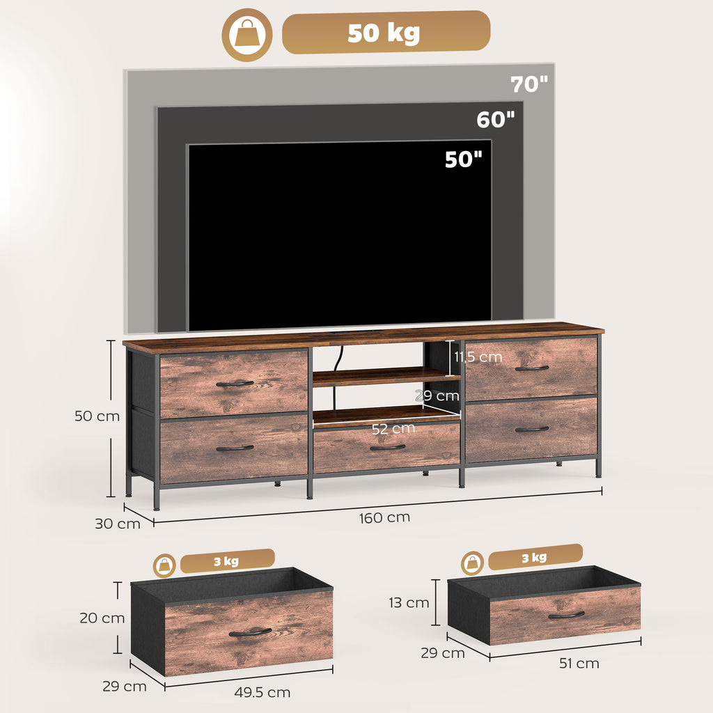 Meuble TV 160 cm, Meuble Télé 70 Pouces, Station de Charge, 5 Tiroirs en Tissu, Étagères Ouvertes, Brun Rustique-2
