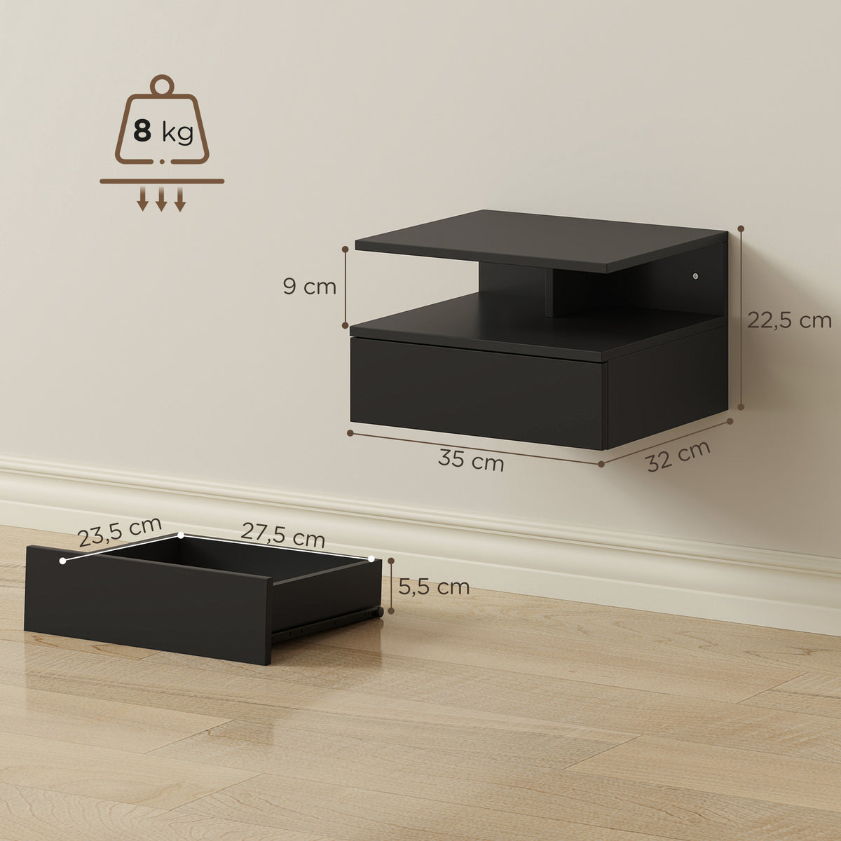 Lot de 2 tables de chevet murales, tables de nuit suspendues avec tiroir, étagère ouverte, 35x32x22,5cm, noir-2