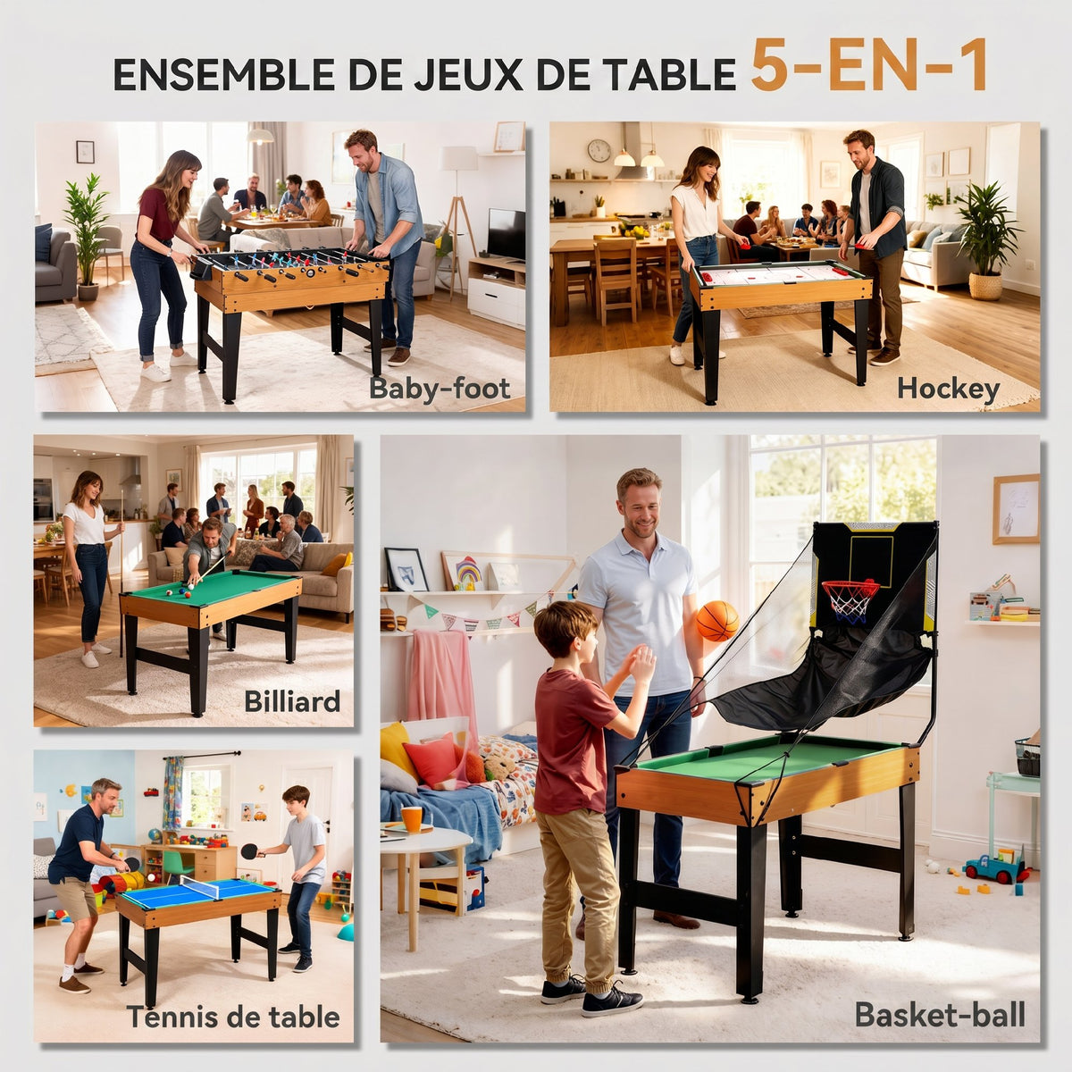 Table MultiJeux 5 en 1 Babyfoot Billard Air Hockey Ping-Pong et Basket Accessoires 134x108x144cm Marron Noyer-3