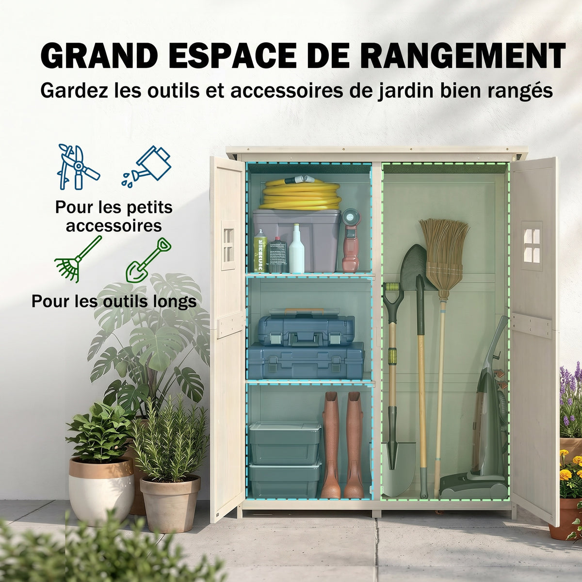 Abri de Jardin en bois Armoire de Jardin dim. 127,5L x 50l x 164H cm 2 étagères 2 Portes 2 fenêtres Toit bitumé étanche Bois Massif Sapin pré-huilé Gris-3