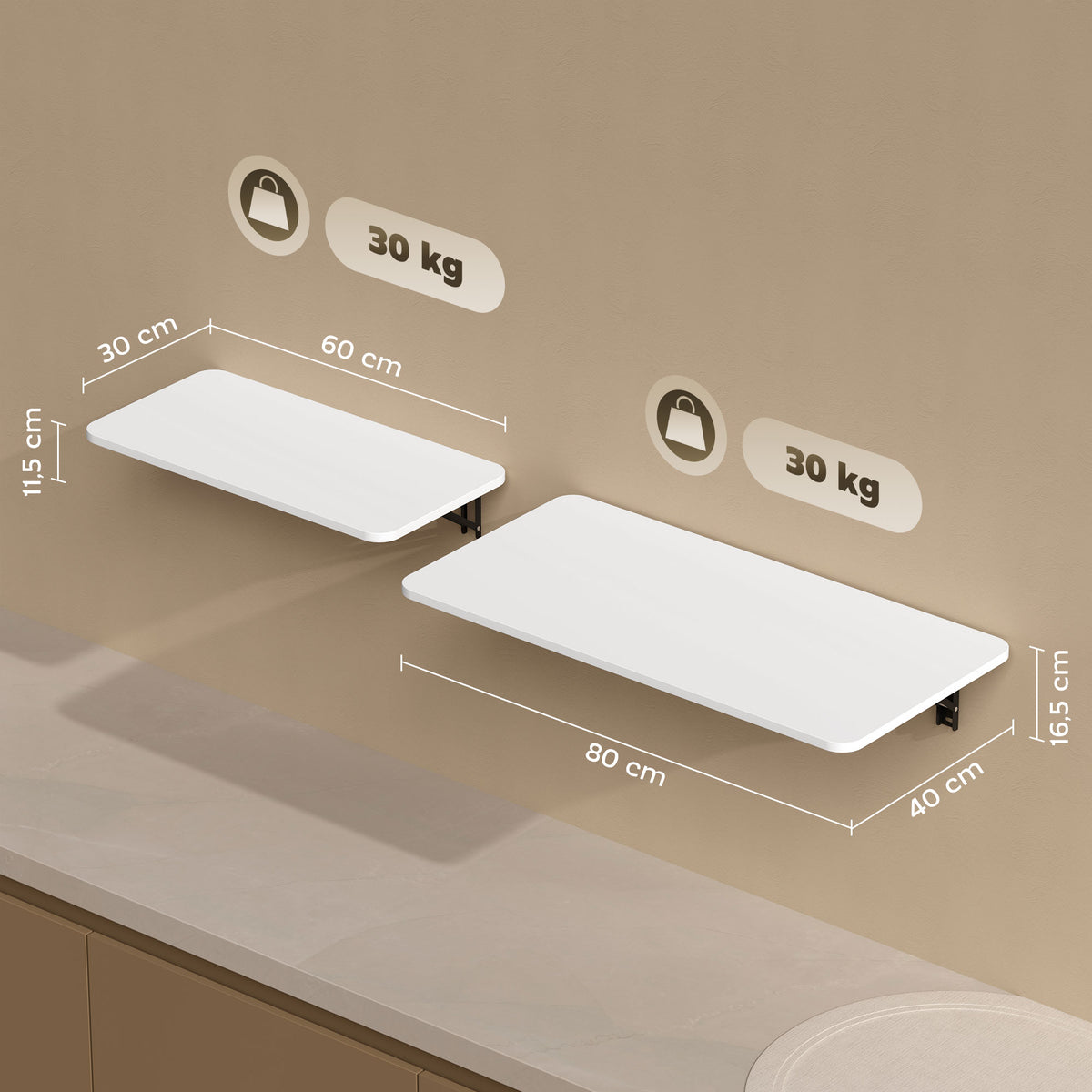 Lot de 2 tables pliantes murales, table murale rabattable en bois, pour cuisine, salle à manger, bureau, blanc brillant-2