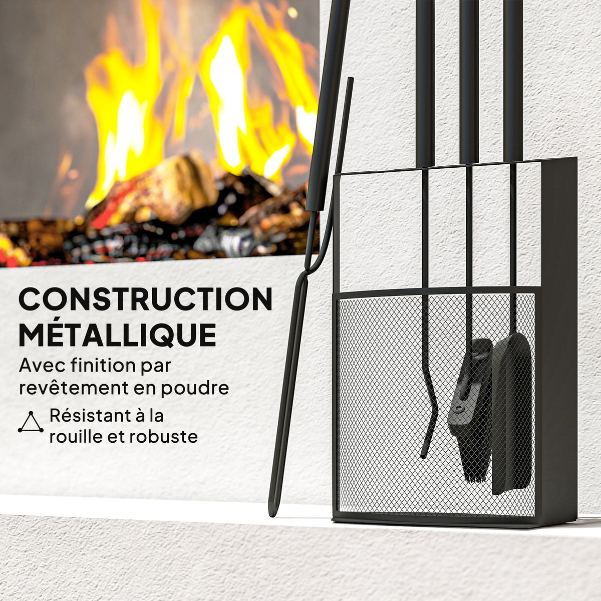 Ensemble serviteur de cheminée 5 pièces métal avec balai, pelle, tisonnier, paire de pinces et support 28x13x59,5cm noir-4