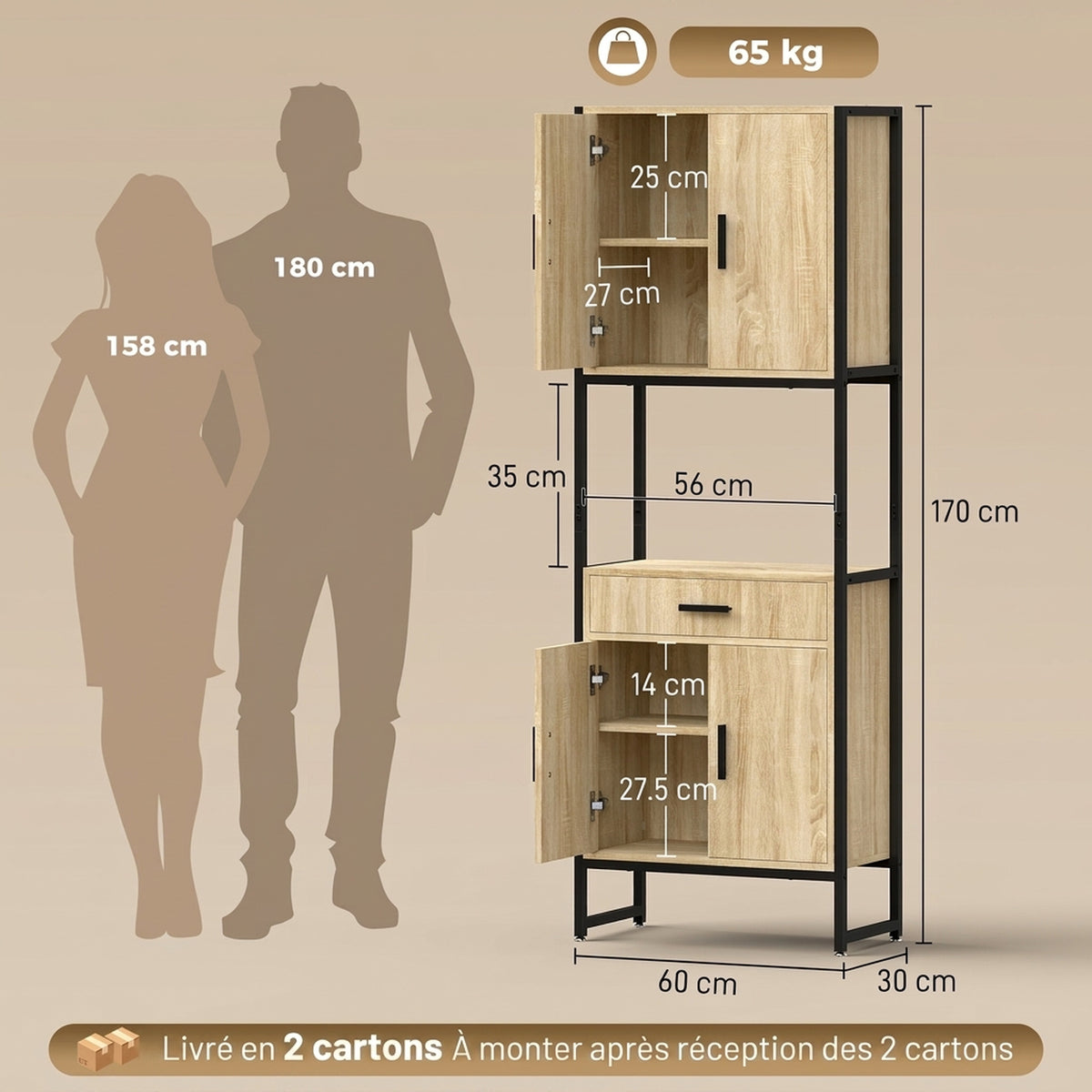 Buffet Haut Cuisine, Armoire de Cuisine, 4 Portes à Fermeture Douce, Tiroir, Plan de Travail, 60x30x170cm, Bois Naturel-2