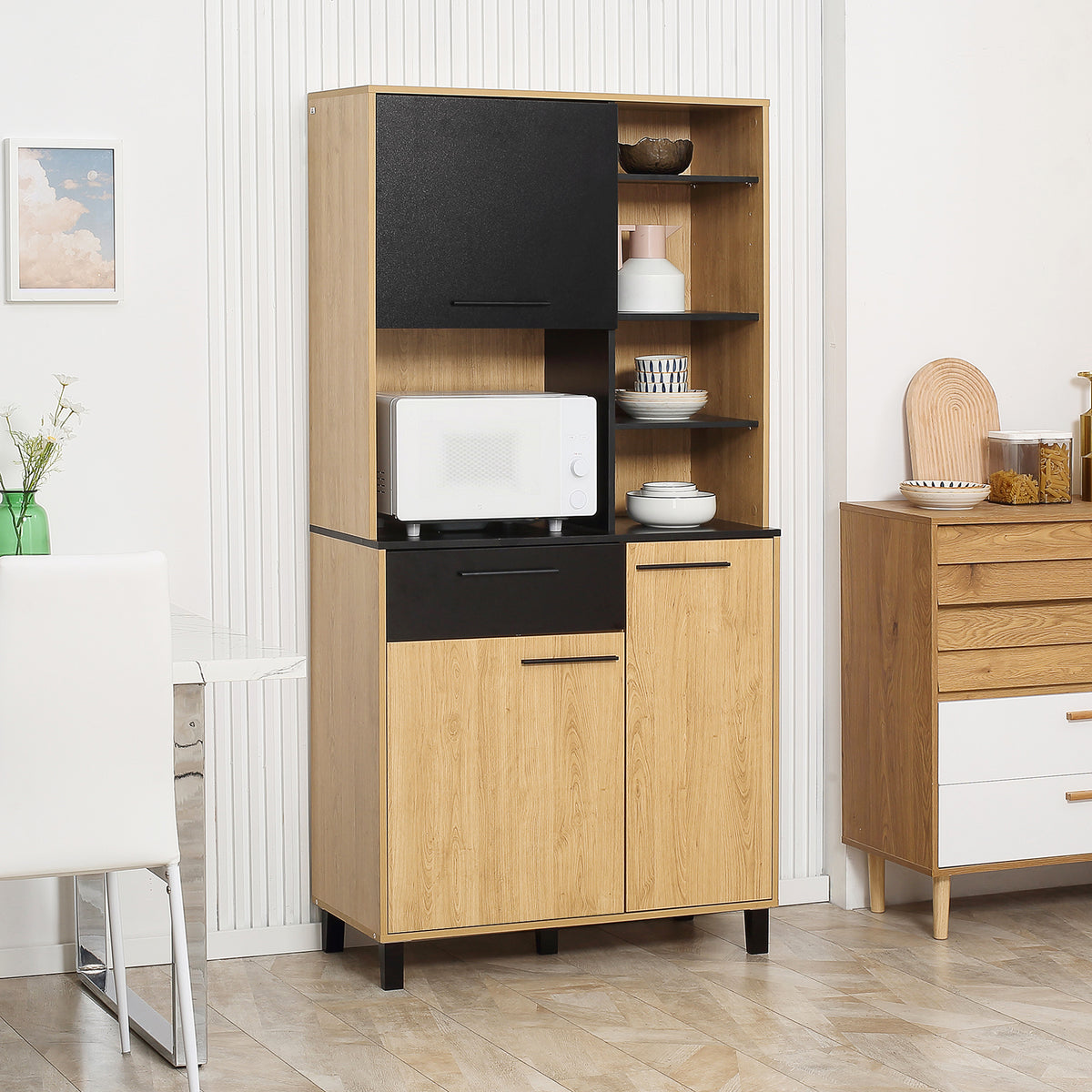 Armoire de cuisine multi-rangements avec tiroir 3 placards 4 niches et passe-câbles hauteur 180 cm noir et bois naturel-1