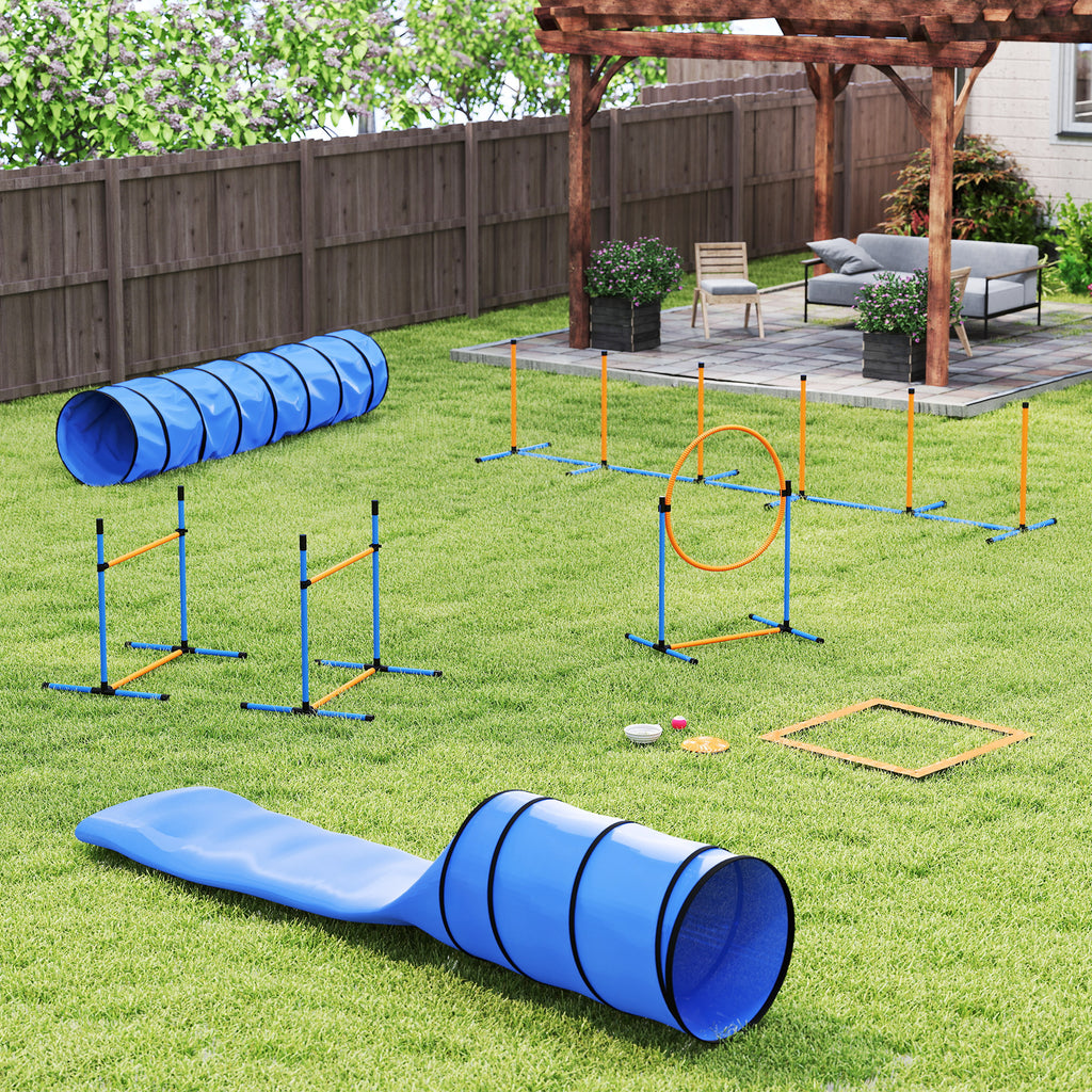 Ensemble d'Agilité pour Chien 11 Pièces, Parcours d'Obstacle avec 2 Tunnels, Sauts Ajustables, Orange et Bleu-1