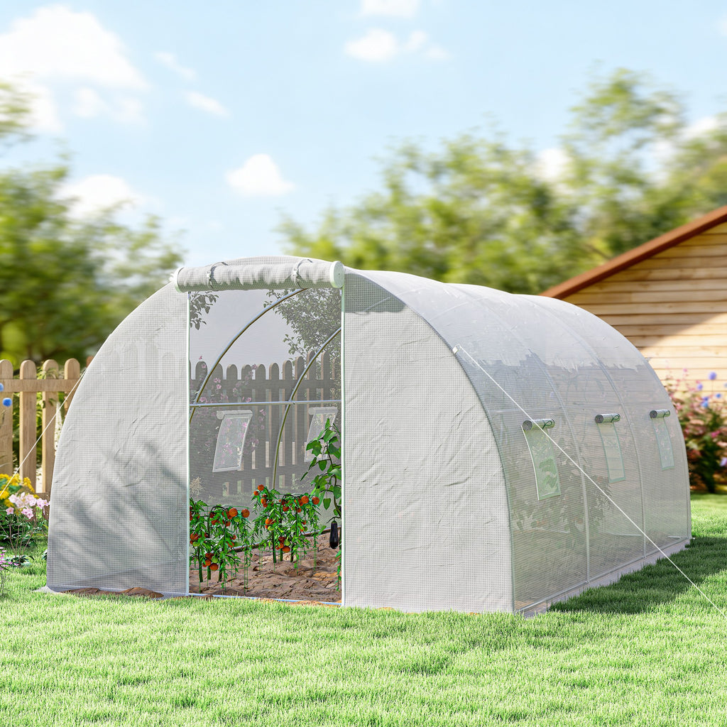 Serre de jardin tunnel 13,5 m² 6 fenêtres, porte zippée enroulable châssis acier galvanisé, bâche PE 4,5 x 3 x 2 m blanc-8
