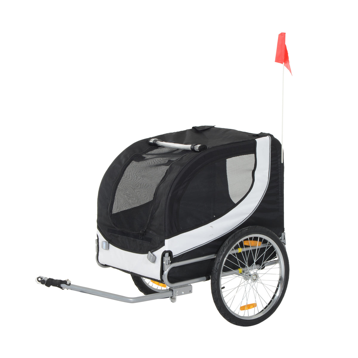 Remorque velo pour chien animaux avec drapeau et 8 reflecteurs blanc et noir-0