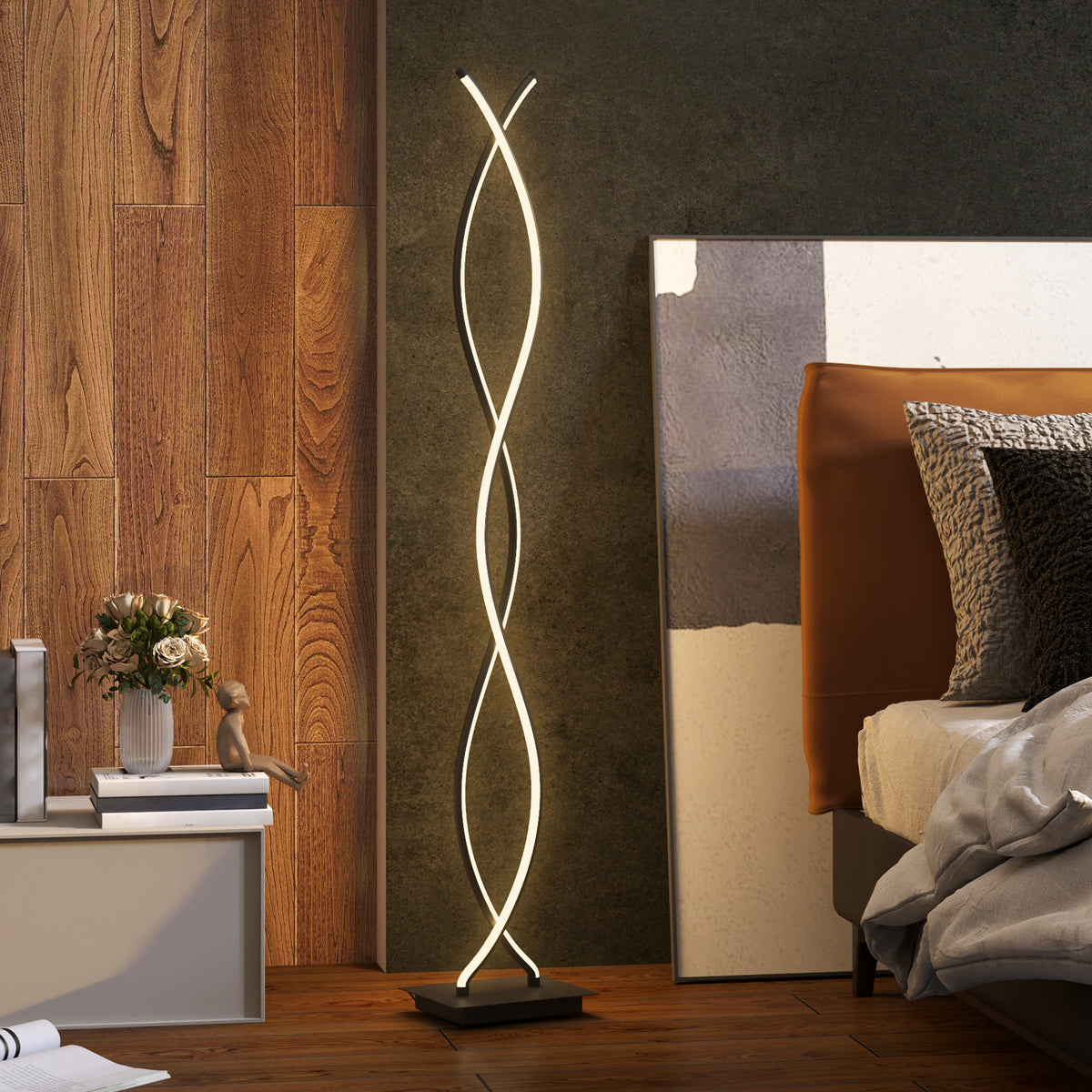 Lampadaire sur pied salon, lampe salon 3 niveaux de luminosité réglables à double spirale avec interrupteur à pied, noir-1