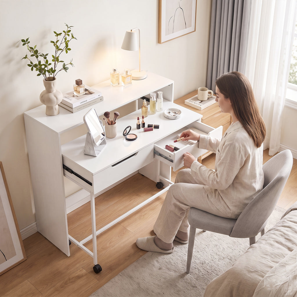 Bureau d'Ordinateur Extensible 100 cm avec 2 Tiroirs, Bureau avec Rangement, Style Moderne, Blanc-9