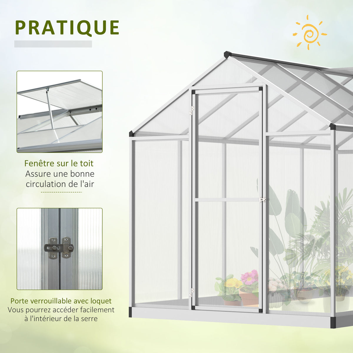 Serre de jardin en aluminium polycarbonate, serre avec fenêtres supérieures réglables, porte battante, abri extérieur résistant aux intempéries pour plante fleur, 303x183x195 cm, transparent-4