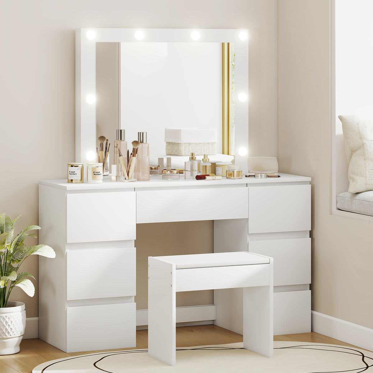 Coiffeuse avec miroir et tabouret table de maquillage avec miroir LED tabouret rembourré 7 tiroirs 110x39,5x140cm blanc-1