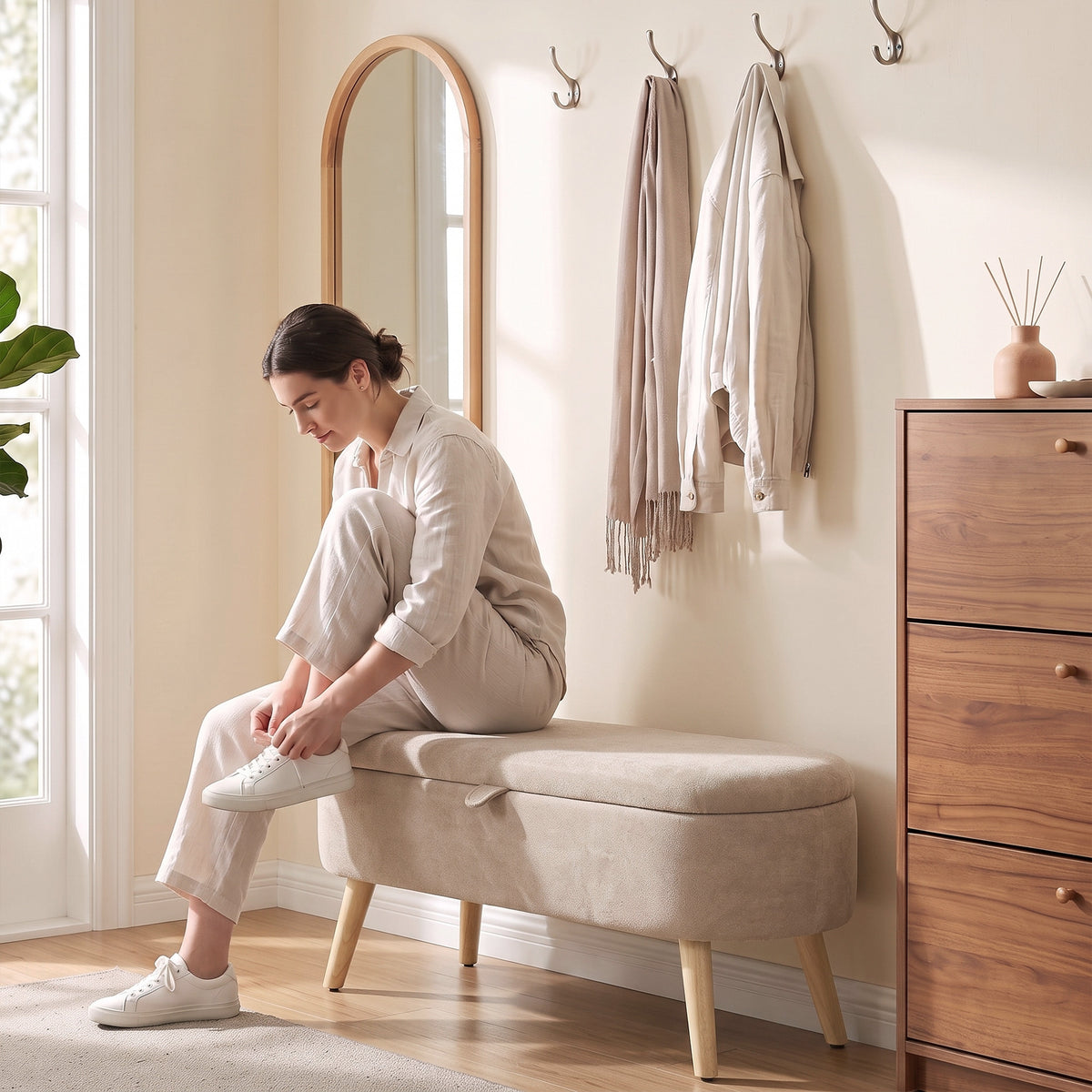Banc Coffre de Rangement en Sherpa Moderne pour Bout de Lit avec Pieds en Bois 95cm Beige-9