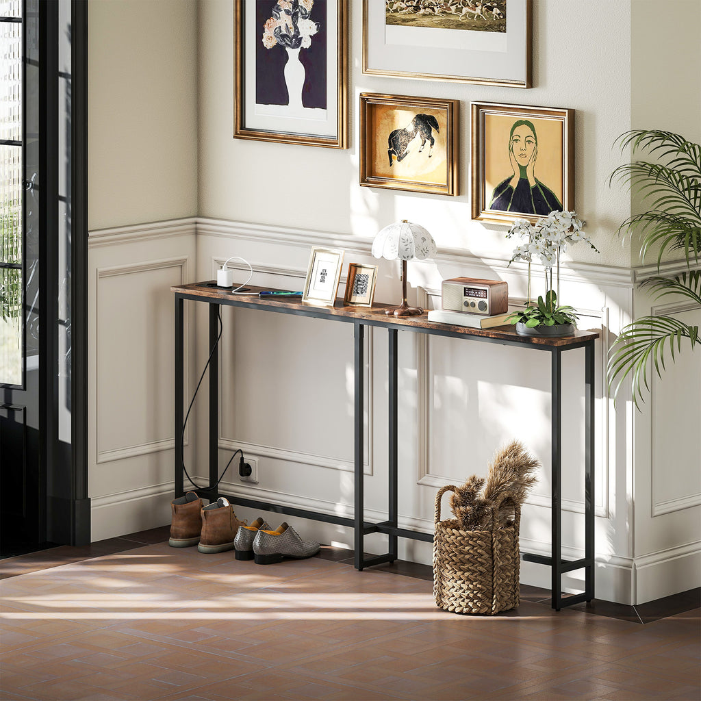 Table console étroite style industriel avec prises de courant et USB, pour salon entrée couloir, 160x20x80cm, marron-1