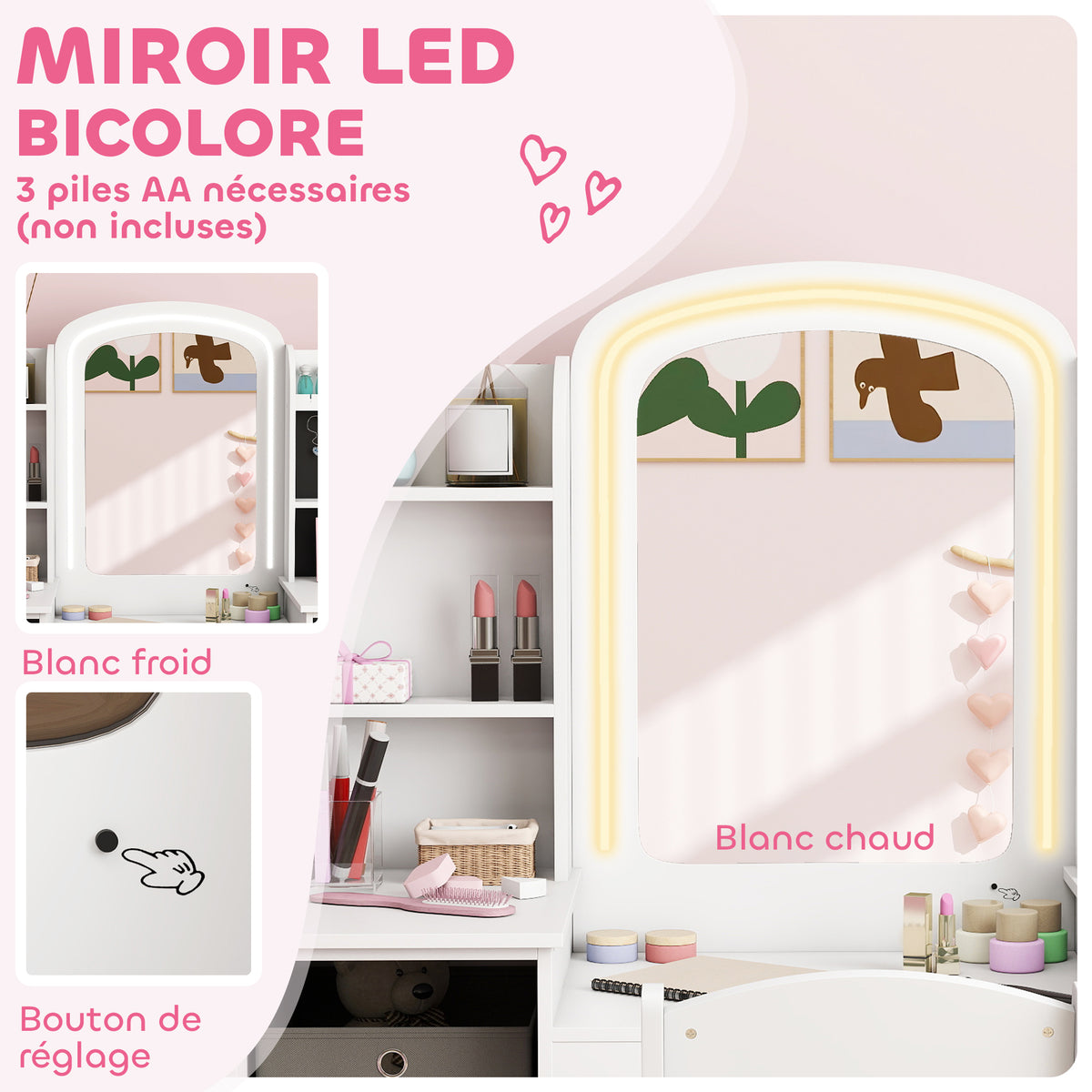 Coiffeuse pour enfants avec tabouret et miroir LED, table de maquillage pour 3 à 8 ans, 104 x 40 x 112 cm, blanc-4