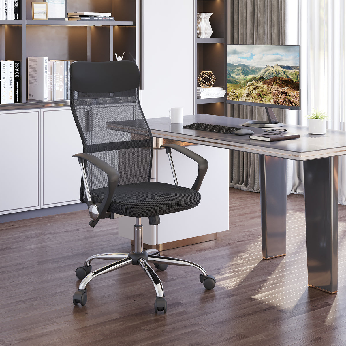 Lot de 2 fauteuils de bureau manager dossier ergonomique hauteur assise réglable pivotant tissu maille noir-1