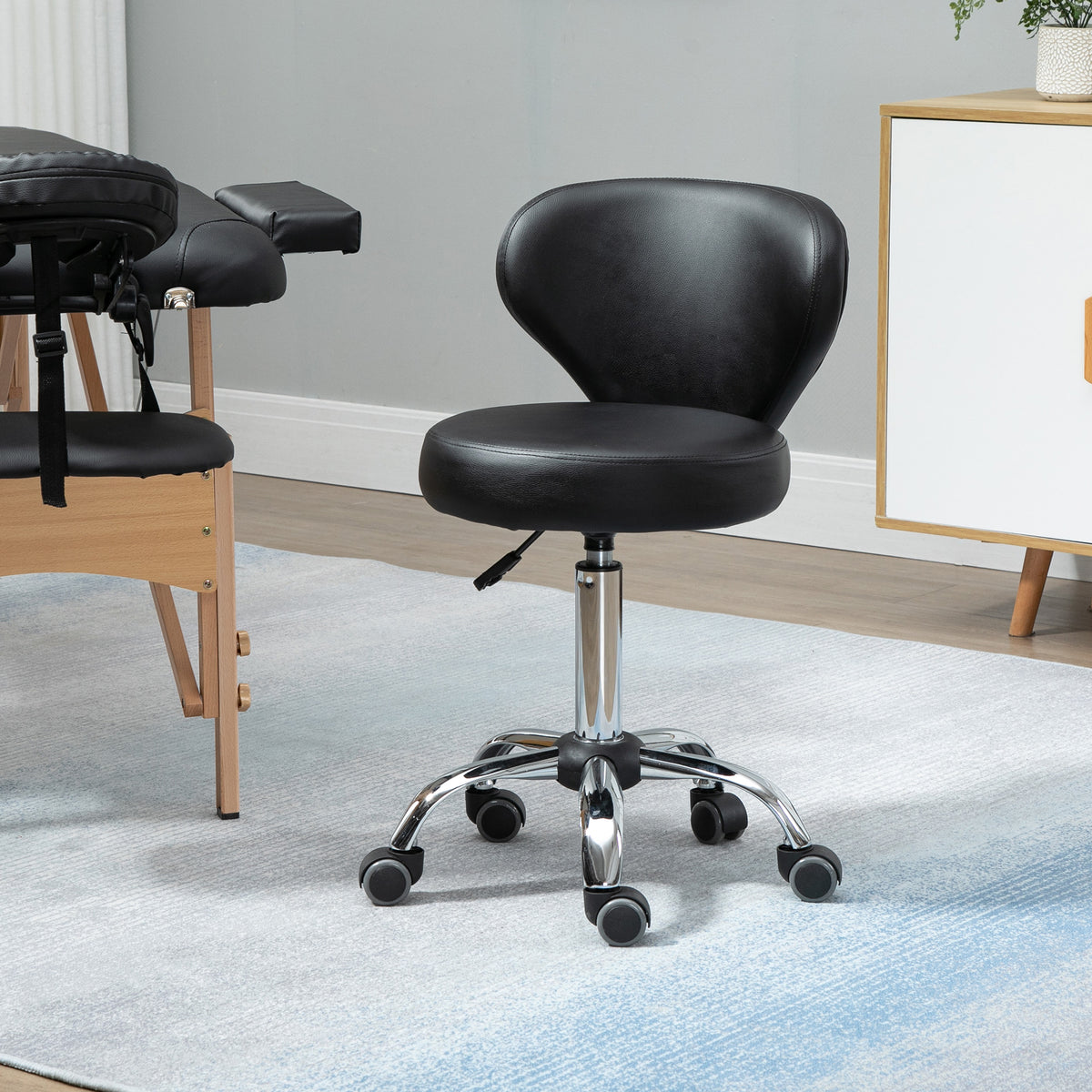 Tabouret à roulettes, tabouret de massage en PU avec hauteur réglable 73-88cm et dossier, chaise de travail pivotant 360°, cadre en acier, pour salon de massage, tatouage, clinique, spa, noir-9