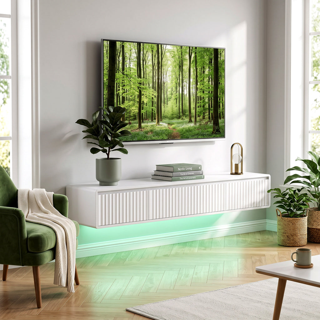 Meuble TV Suspendu Flottant 160 cm avec Éclairage LED et Prises, Meuble Télé pour Téléviseur 72 Pouces, Blanc-8