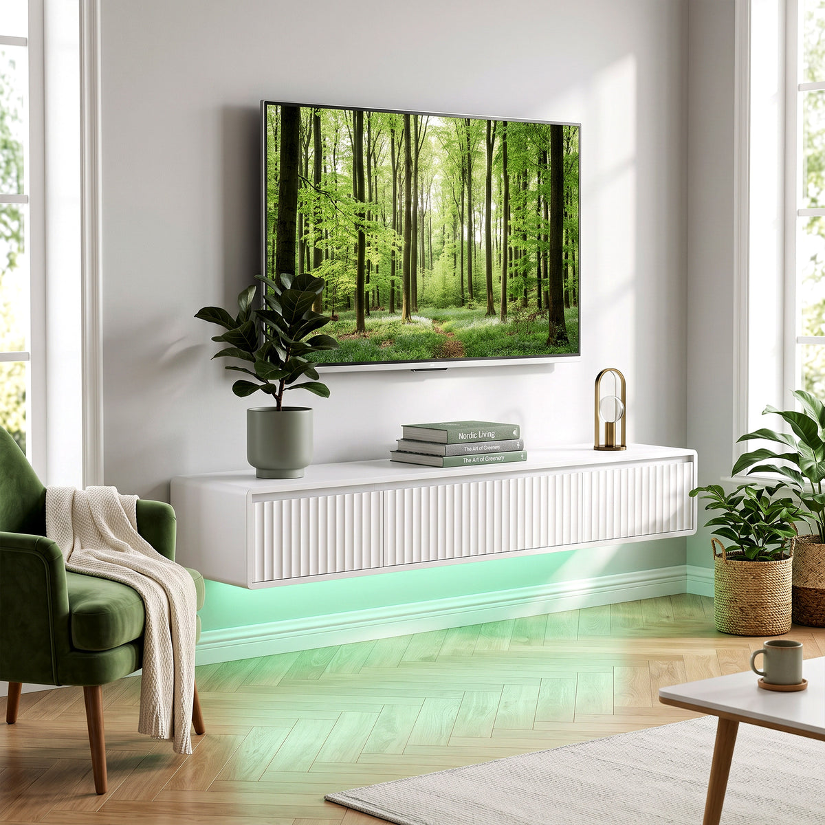 Meuble TV Suspendu Flottant 160 cm avec Éclairage LED et Prises, Meuble Télé pour Téléviseur 72 Pouces, Blanc-8