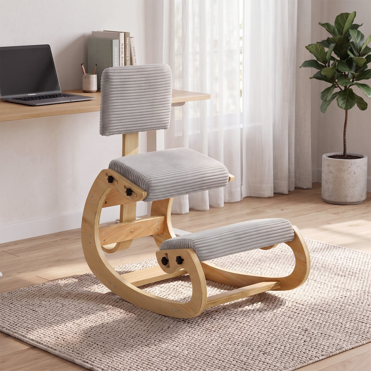 Chaise à Genoux Ergonomique avec Dossier, Siège Assis Genoux à Bascule Rembourré en Velours Côtelé, Gris Clair-1
