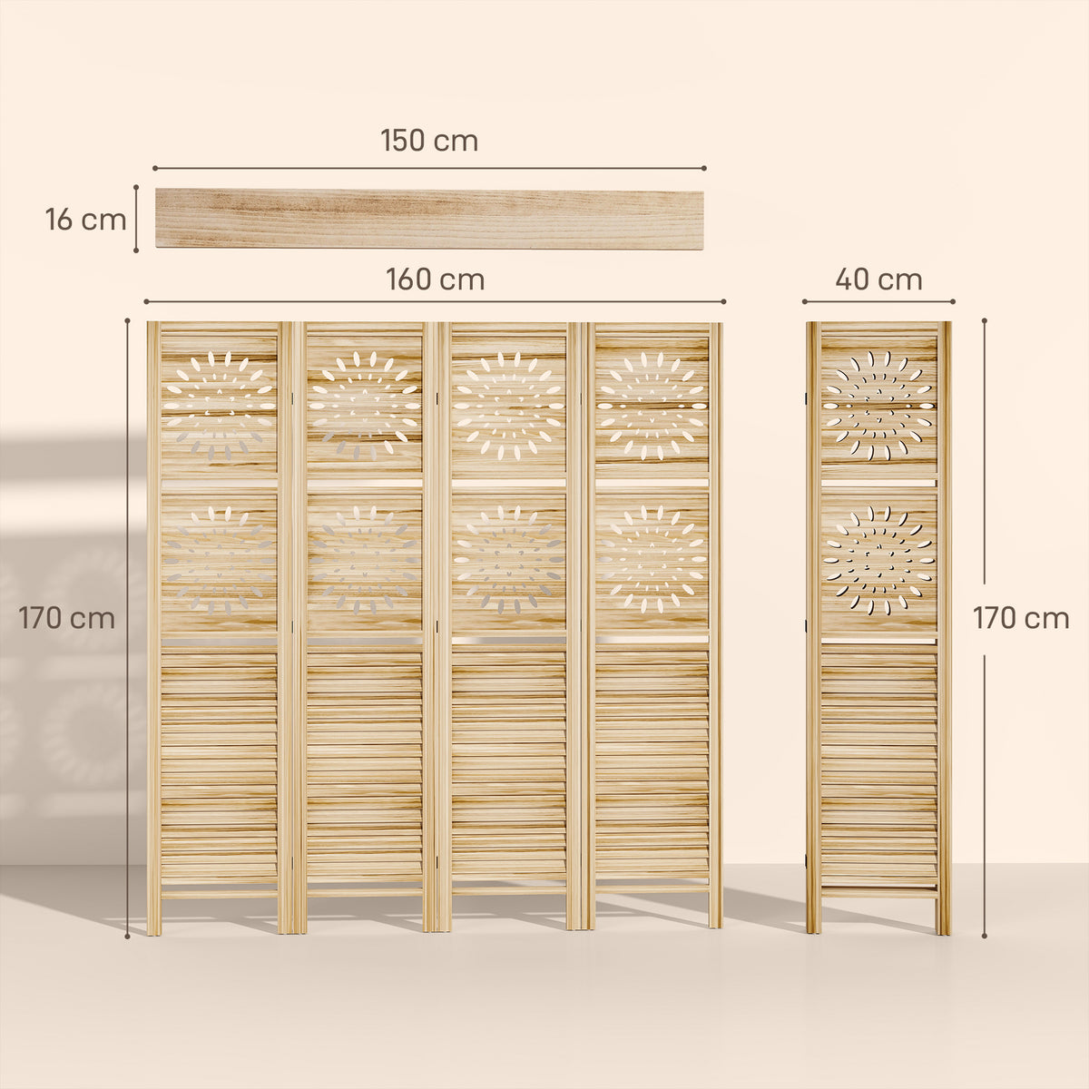 Paravent intérieur 4 panneaux et 3 étagères, 160 x 170 cm, séparateur de pièce pliable, bois de paulownia, bois naturel-2
