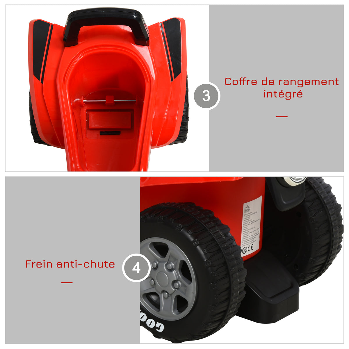 Porteur Enfants Quad 18-36 Mois dim. 60L x 31l x 42H cm Effets Lumineux et sonore Rouge Noir-6