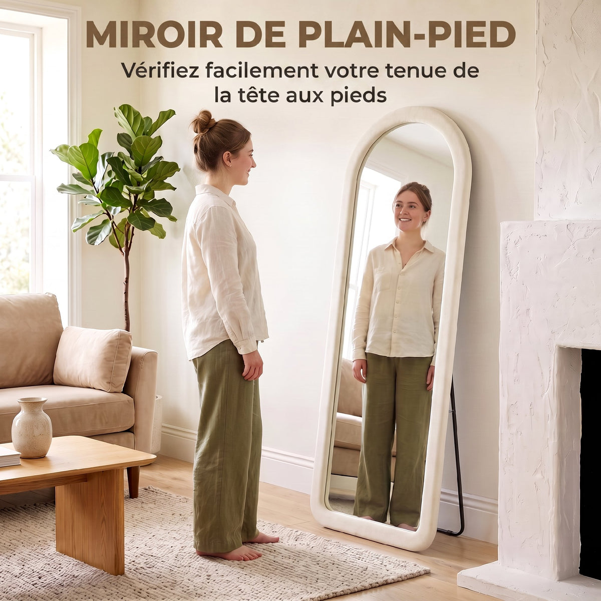 Miroir de Sol Arqué Pleine Longueur 160x60cm, Grand Miroir sur Pied ou Mural, Cadre Effet Velours, Verre Trempé, Crème-4