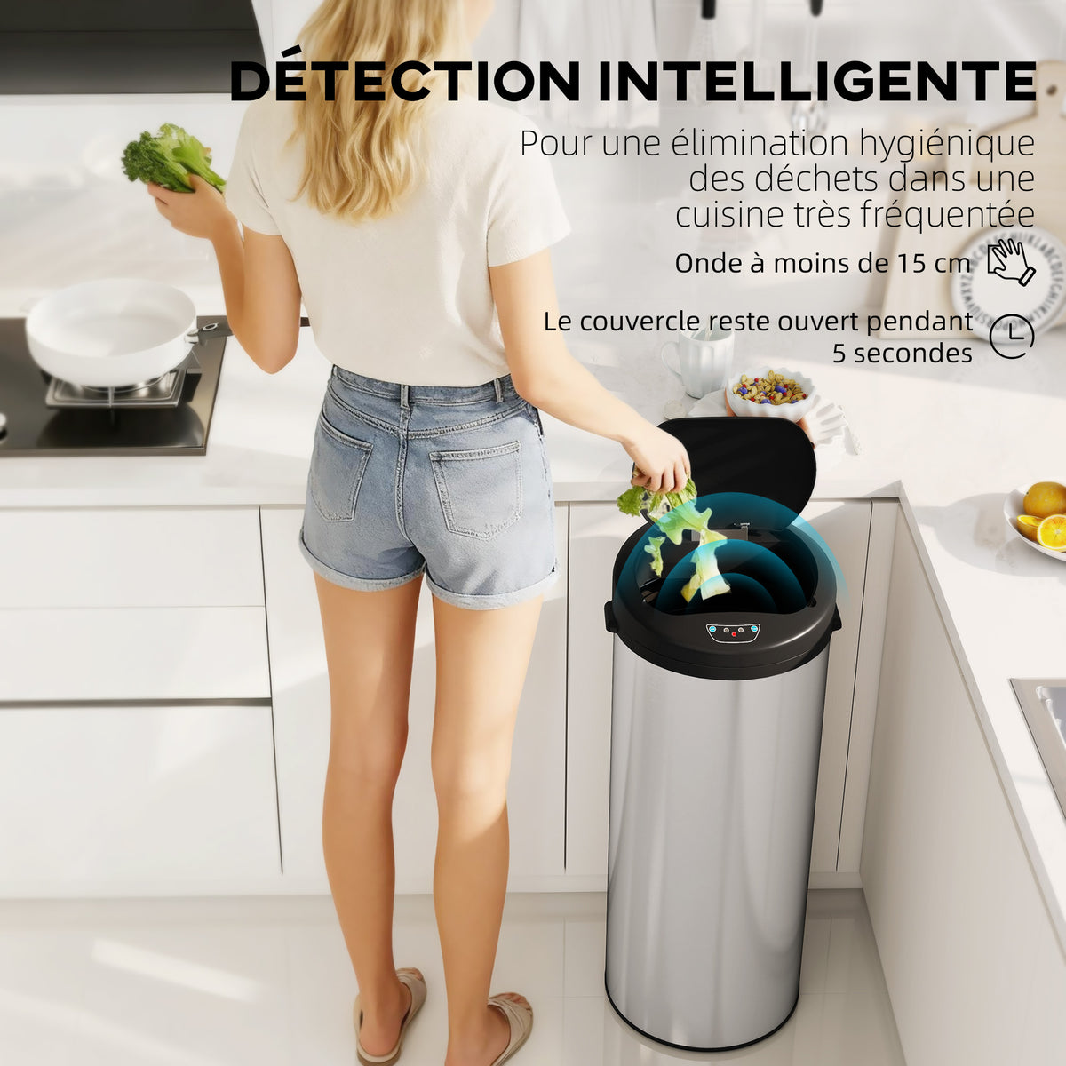 Poubelle de cuisine automatique 55 L en acier inoxydable, couvercle à fermeture en douceur, 32 x 30 x 78,5 cm, argent-3