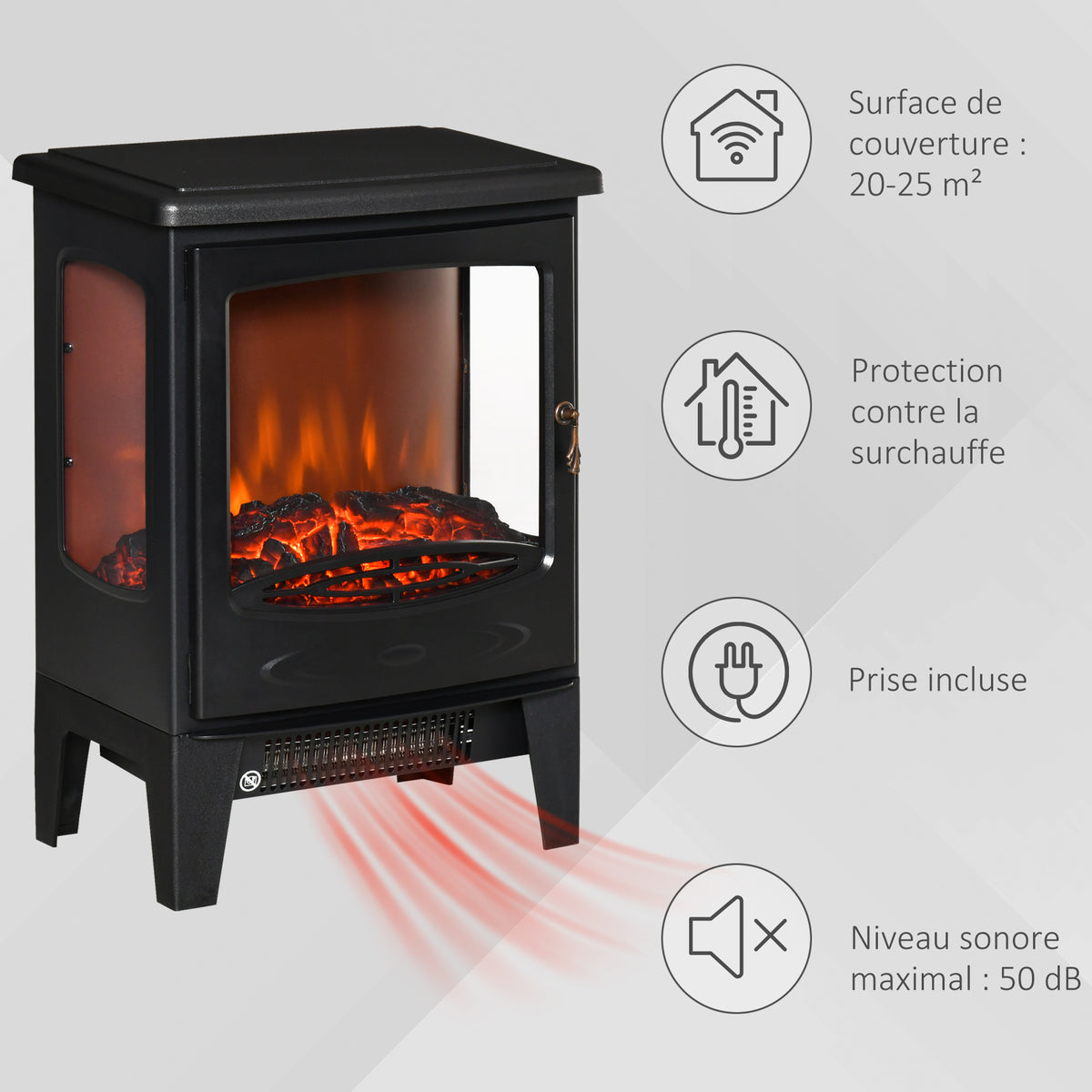 Cheminée électrique poêle Style néo-rétro 900-1800 W Simulation Flammes LED luminosité réglable Acier ABS Noir-5