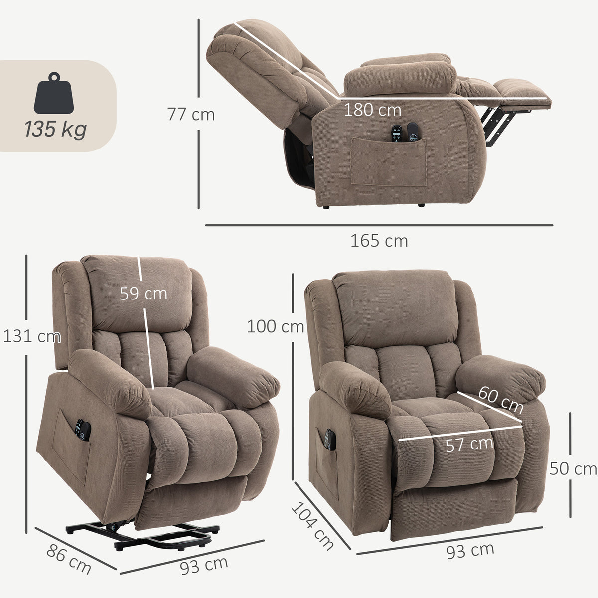 Fauteuil Releveur Électrique, Massage et Chauffage, Repose-Pieds, Dossier Inclinable, Télécommande, 93x104x100cm, Marron-2