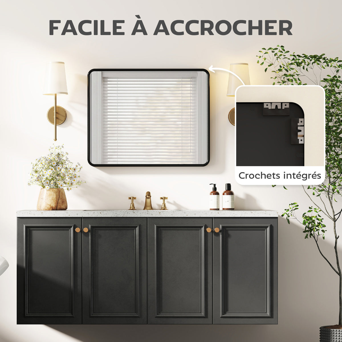 Miroir mural rectangulaire 50 x 40 cm, miroir décoratif moderne avec cadre en métal pour salon, entrée, couloir, noir-4